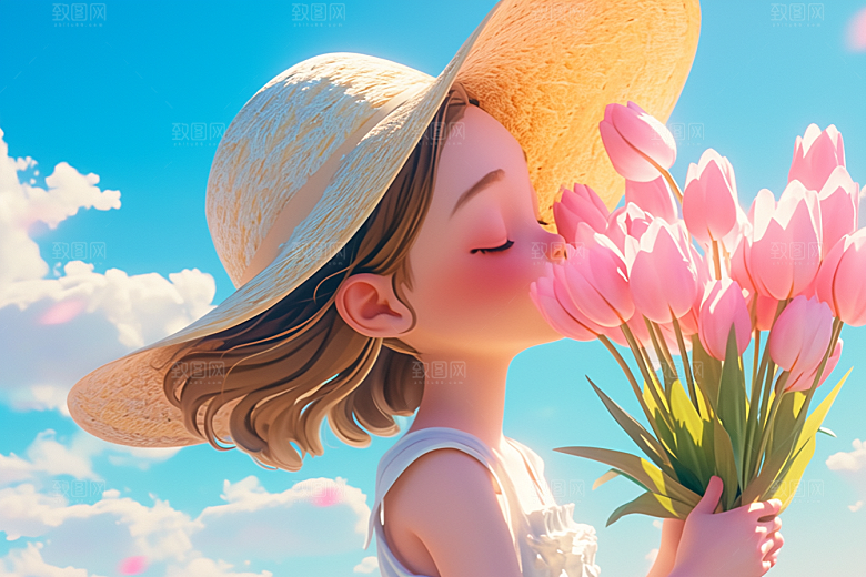 手捧鲜花的少女模型春天素材