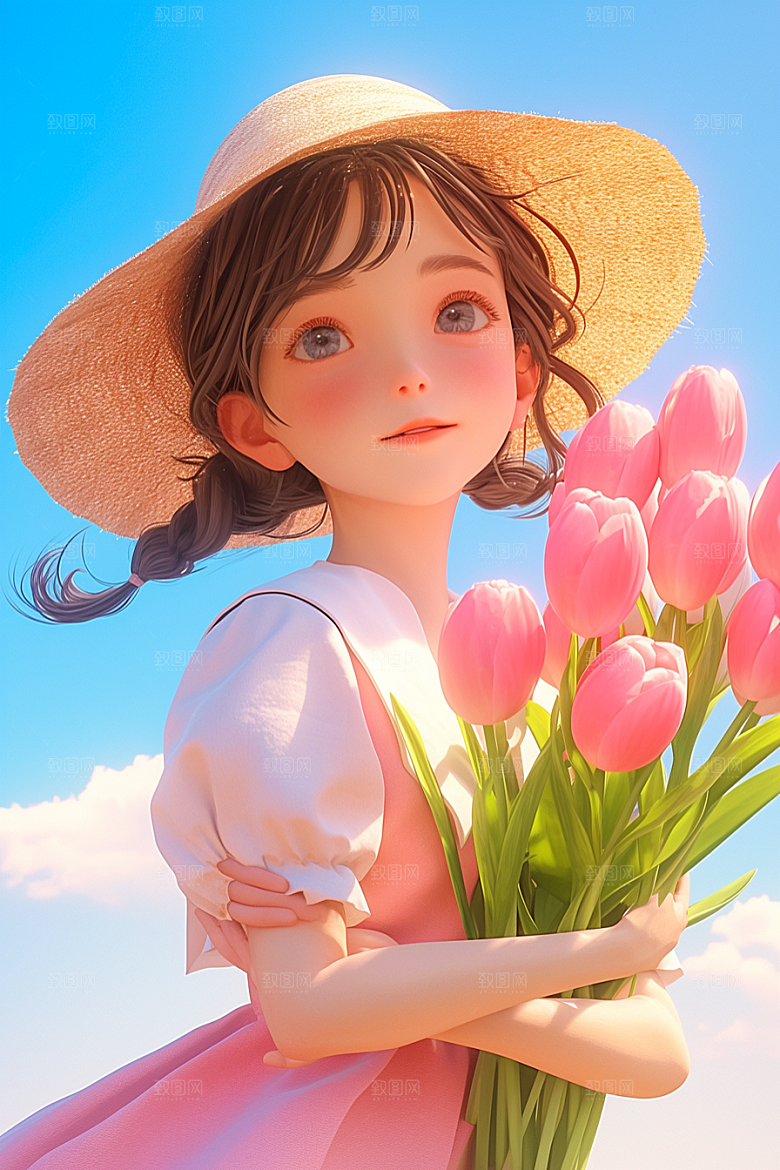 手捧鲜花的少女梦幻烂漫素材