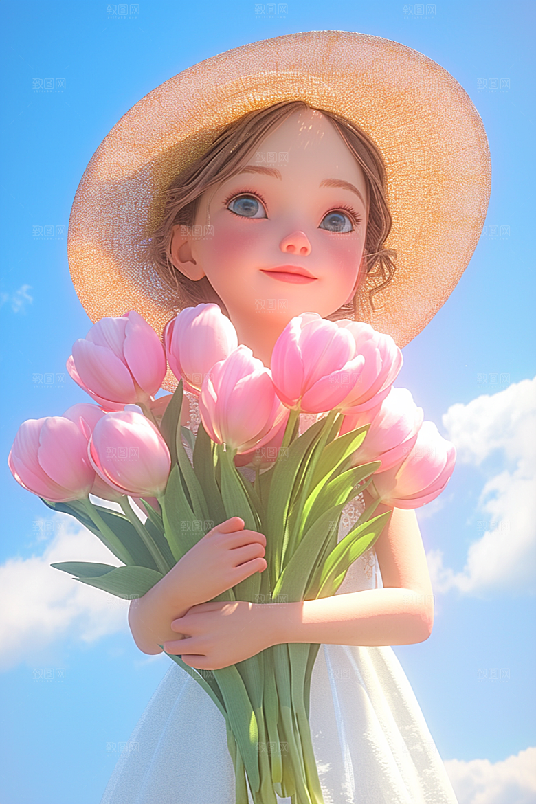 手捧鲜花的少女立体飞舞的裙摆素材