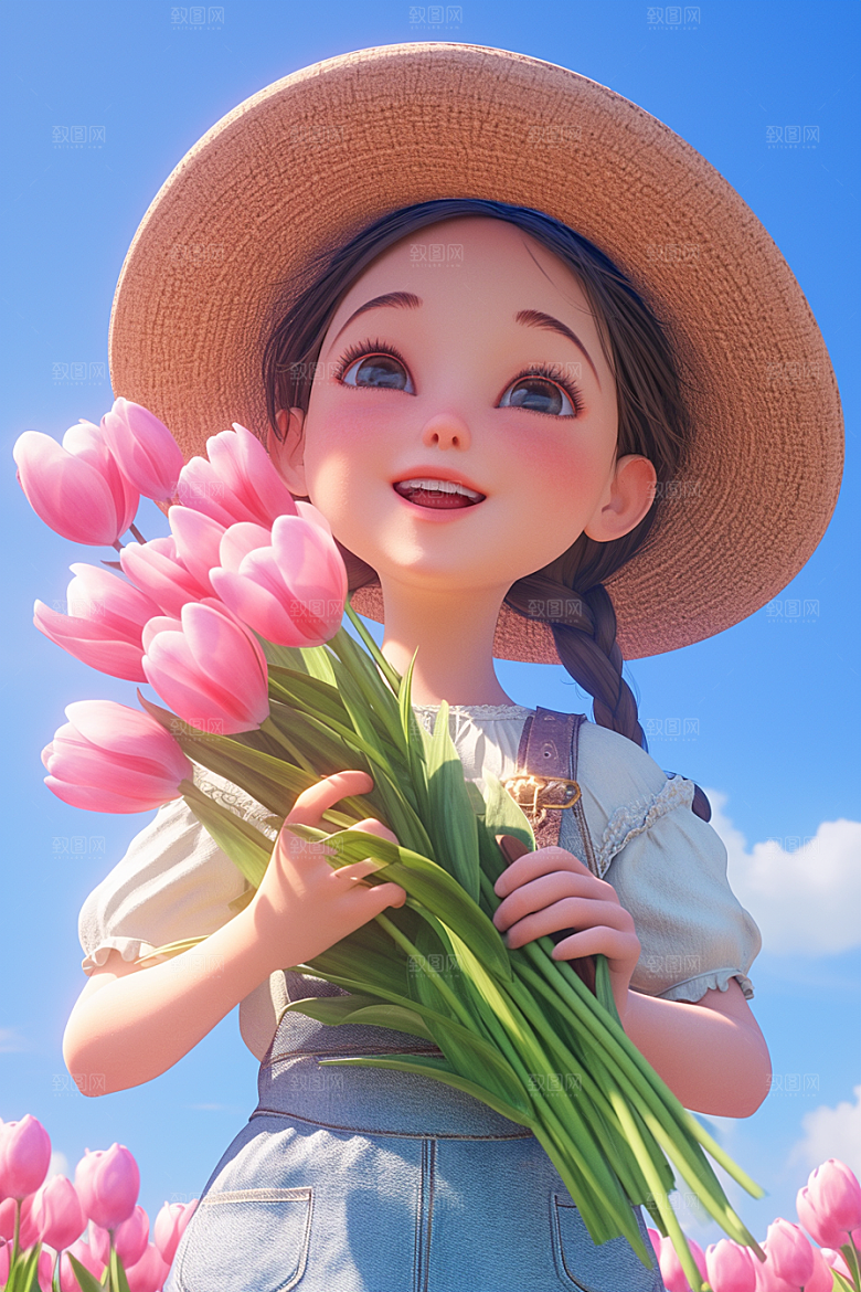 手捧鲜花的少女烂漫自然素材