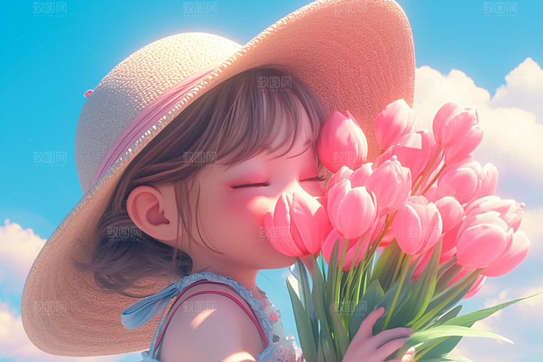 手捧鲜花的少女3D梦幻素材