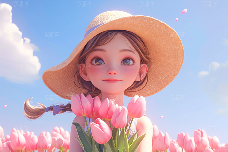 手捧鲜花的少女3D烂漫素材