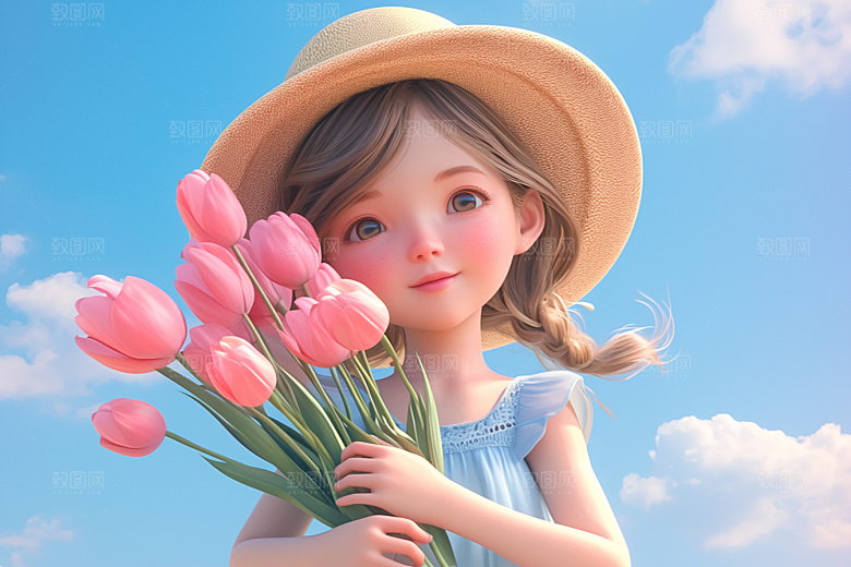 手捧鲜花的少女模型清新素材