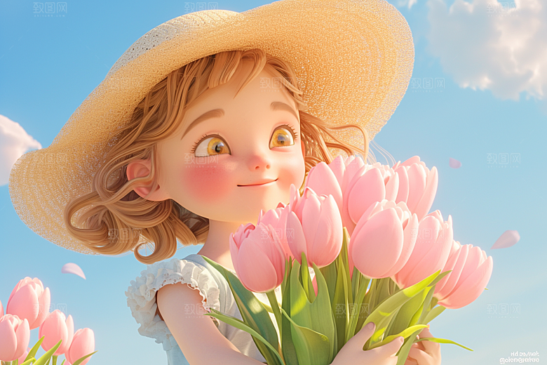 手捧鲜花的少女3D立体素材