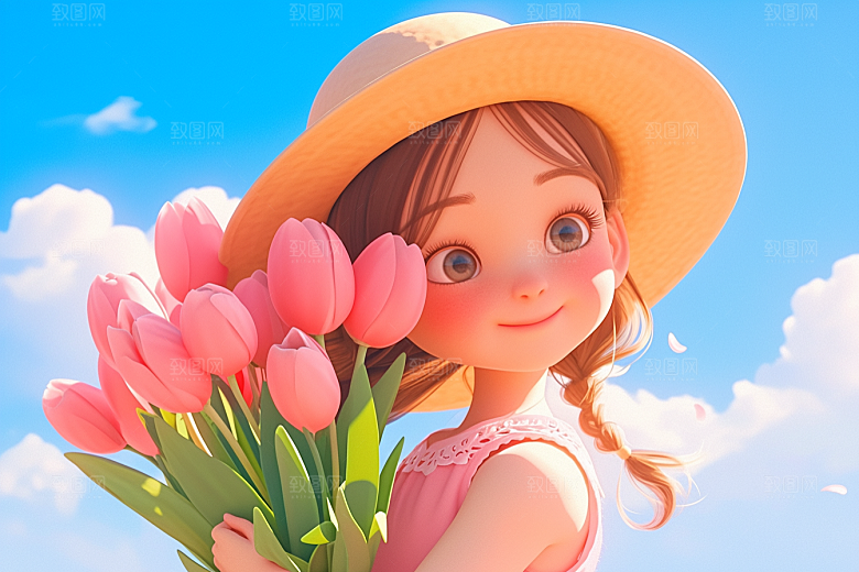 手捧鲜花的少女自然立体素材