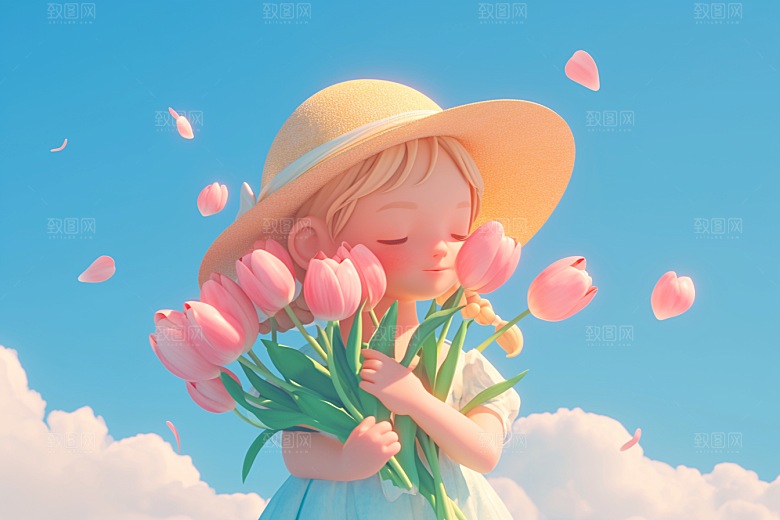 手捧鲜花的少女春天飞舞的裙摆素材