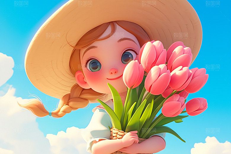 手捧鲜花的少女烂漫青春素材