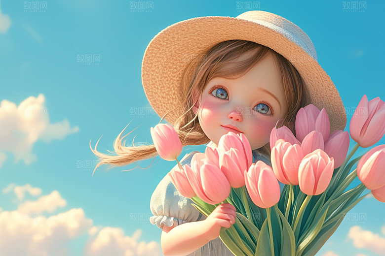 手捧鲜花的少女春天自然素材