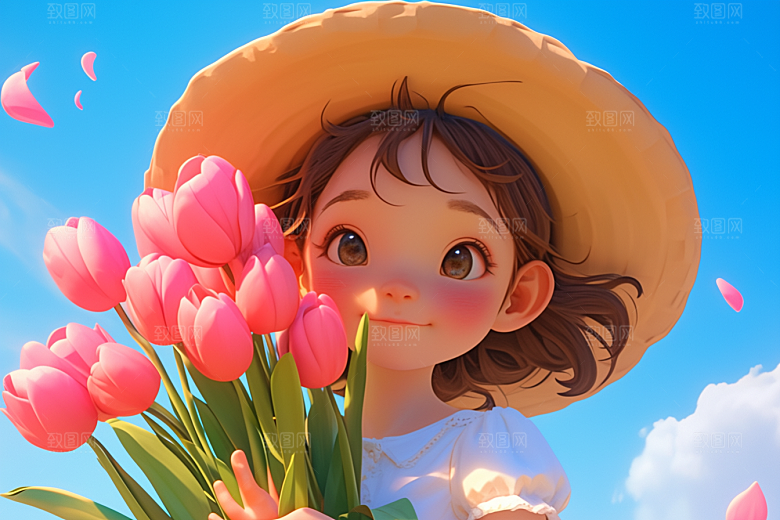 手捧鲜花的少女人物花朵素材