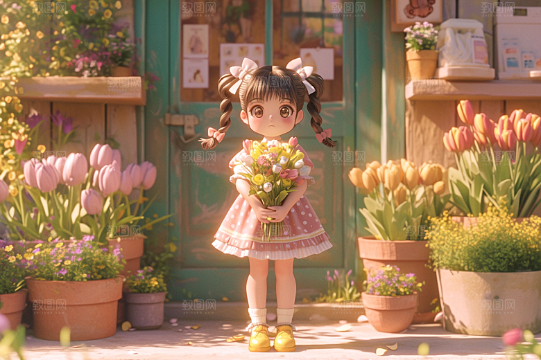 手捧鲜花的少女清新人物素材