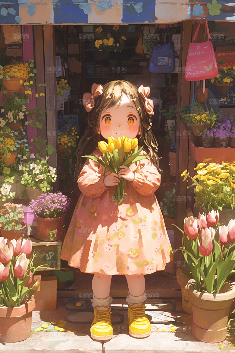 手捧鲜花的少女花朵人物素材
