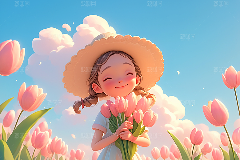 手捧鲜花的少女立体人物素材