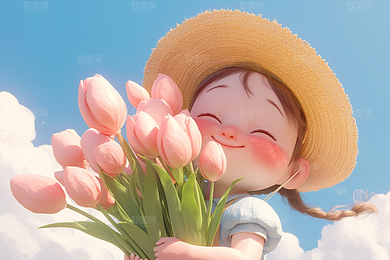 手捧鲜花的少女青春花朵素材
