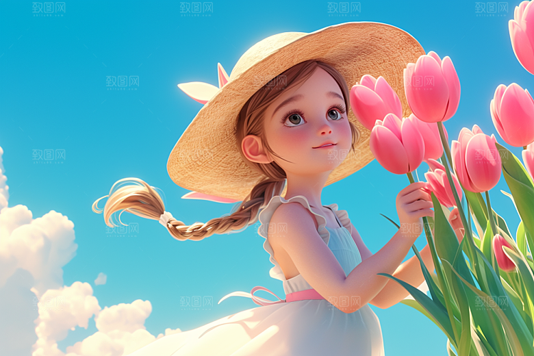 手捧鲜花的少女烂漫飞舞的裙摆素材