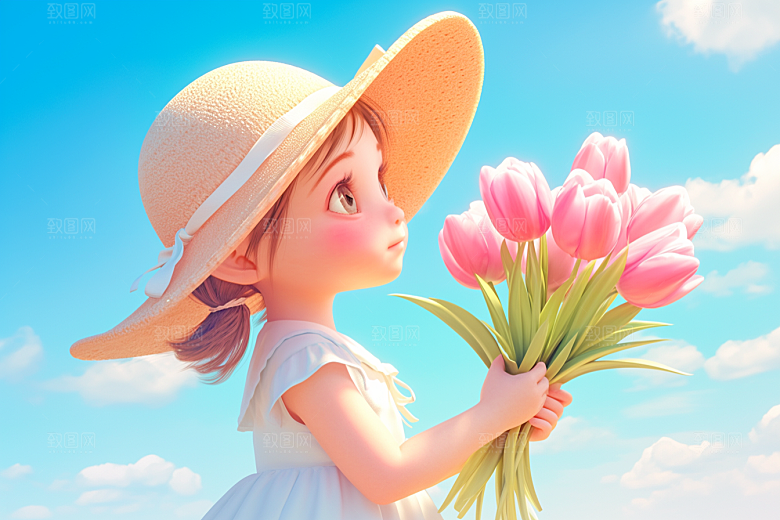 手捧鲜花的少女清新模型素材