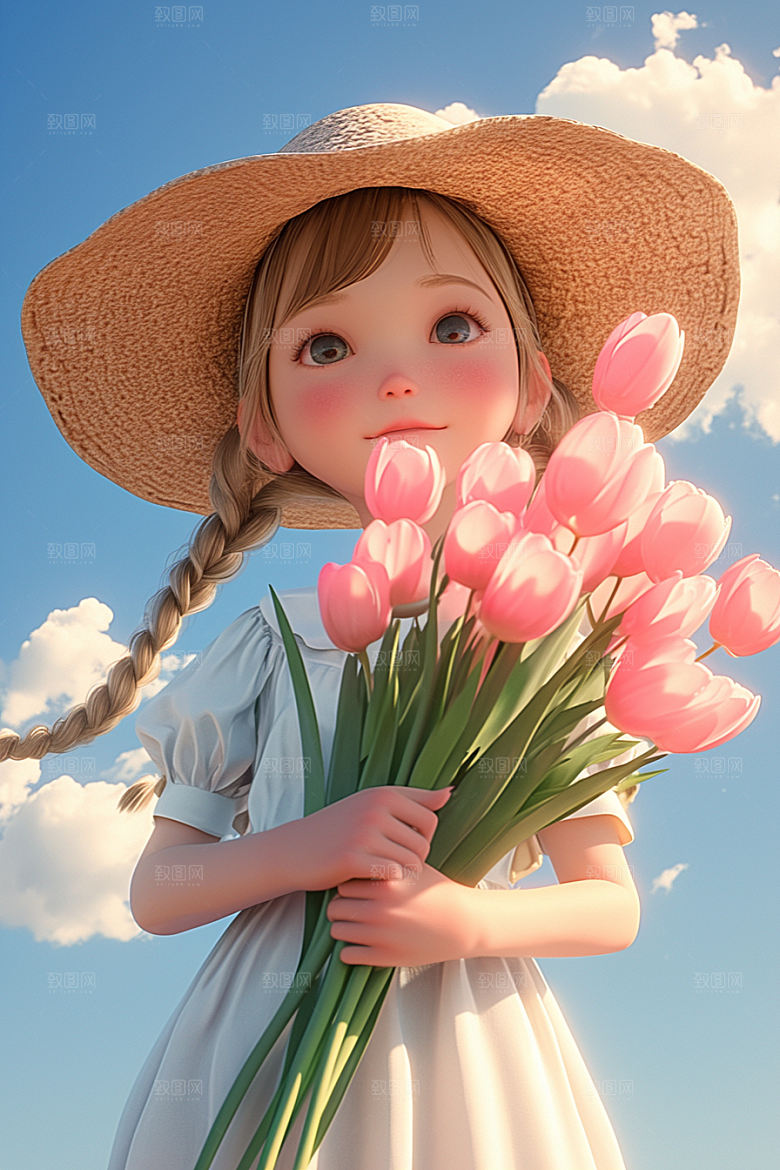 手捧鲜花的少女青春春天素材