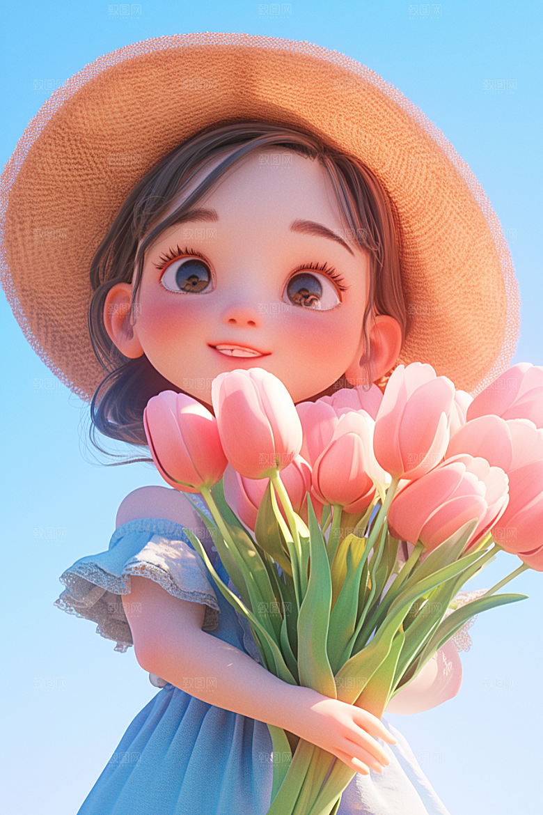 手捧鲜花的少女烂漫立体素材