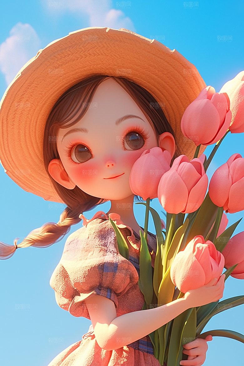手捧鲜花的少女春天模型素材