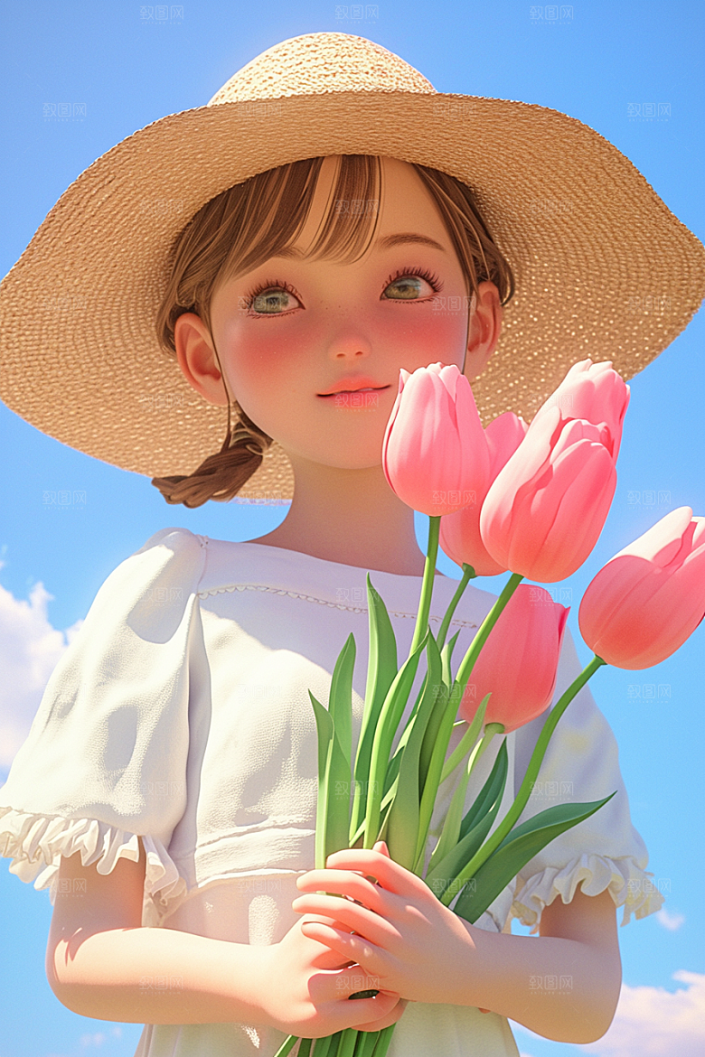 手捧鲜花的少女梦幻模型素材