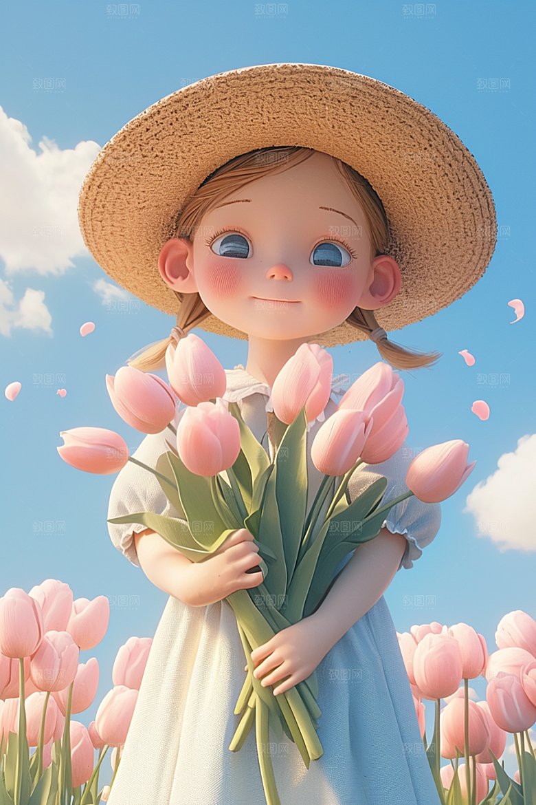 手捧鲜花的少女模型春天素材