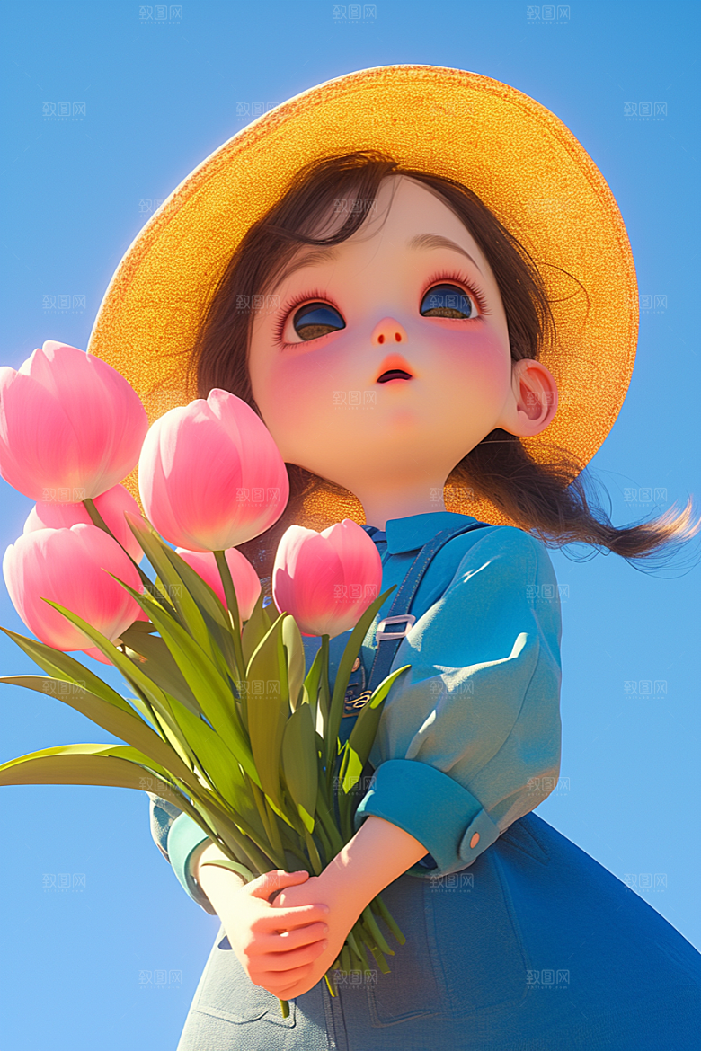 手捧鲜花的少女青春模型素材