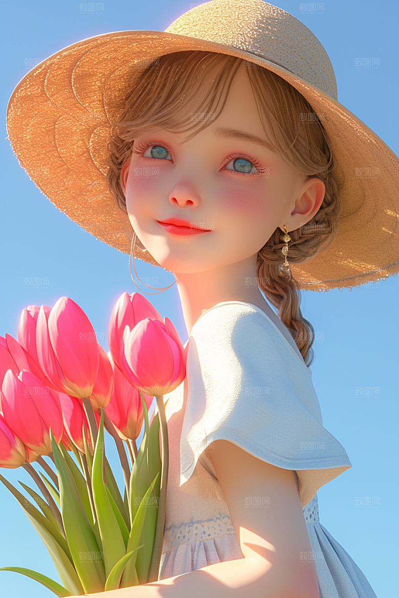 手捧鲜花的少女人物模型素材