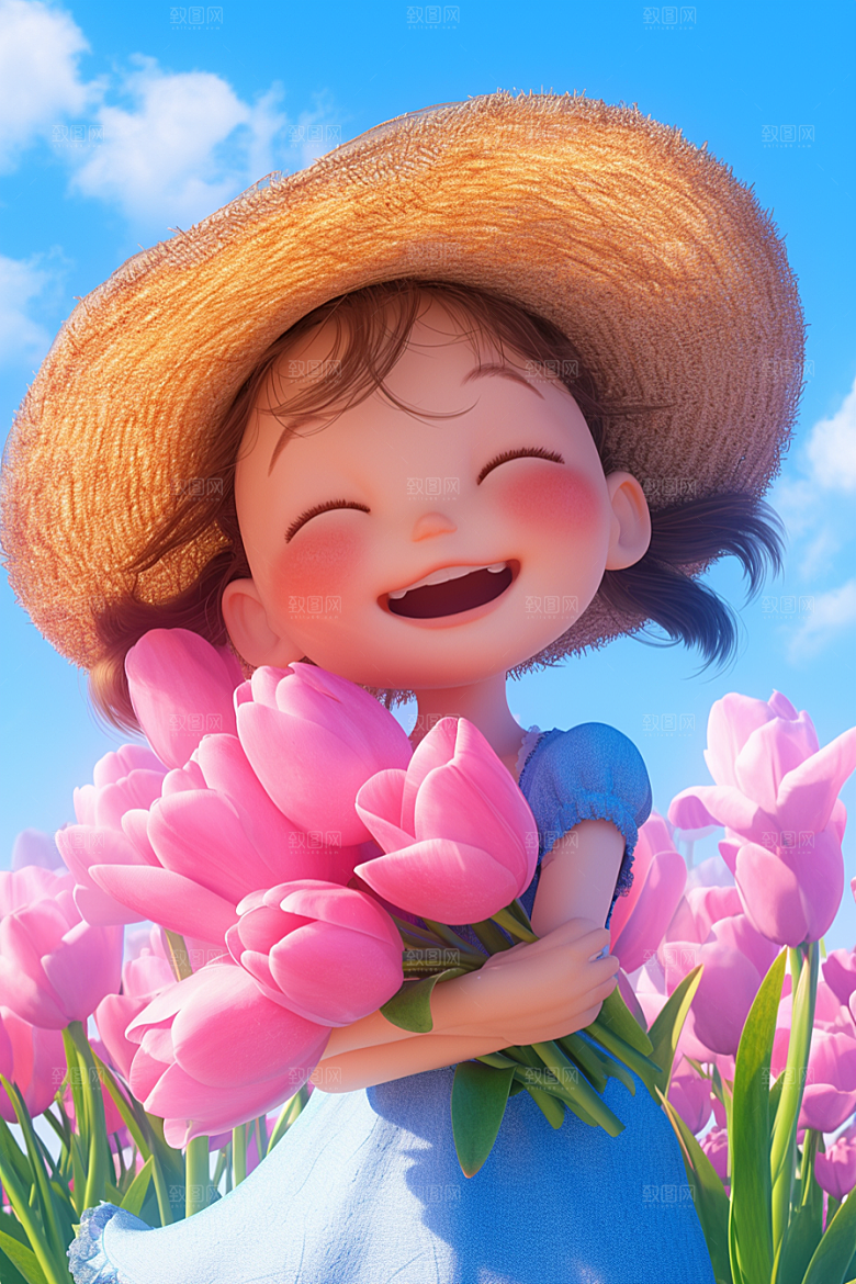 手捧鲜花的少女梦幻肖像素材
