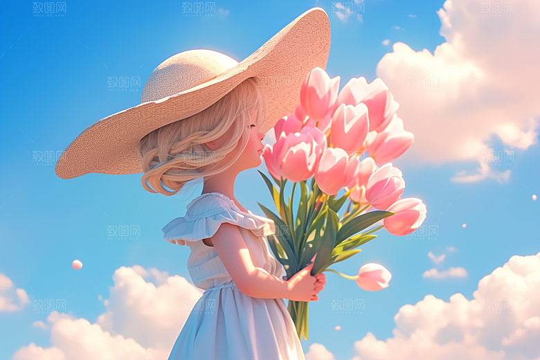 手捧鲜花的少女肖像3D素材