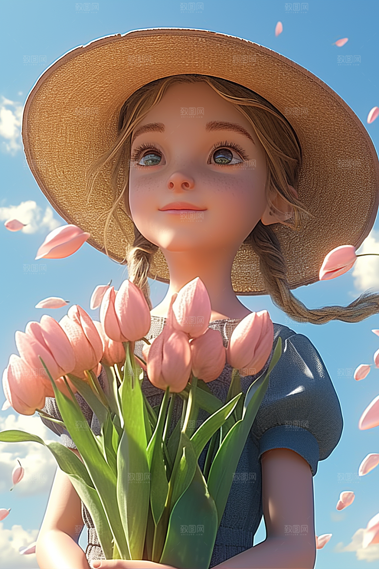 手捧鲜花的少女肖像人物素材