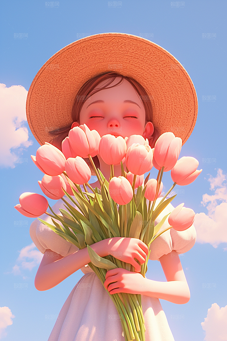 手捧鲜花的少女梦幻肖像素材