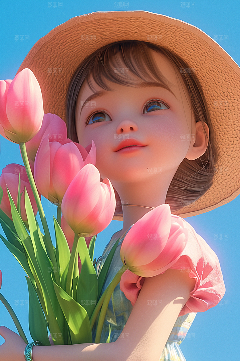 手捧鲜花的少女清新自然素材