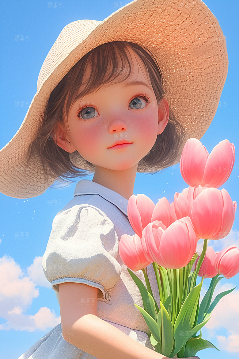 手捧鲜花的少女肖像清新素材