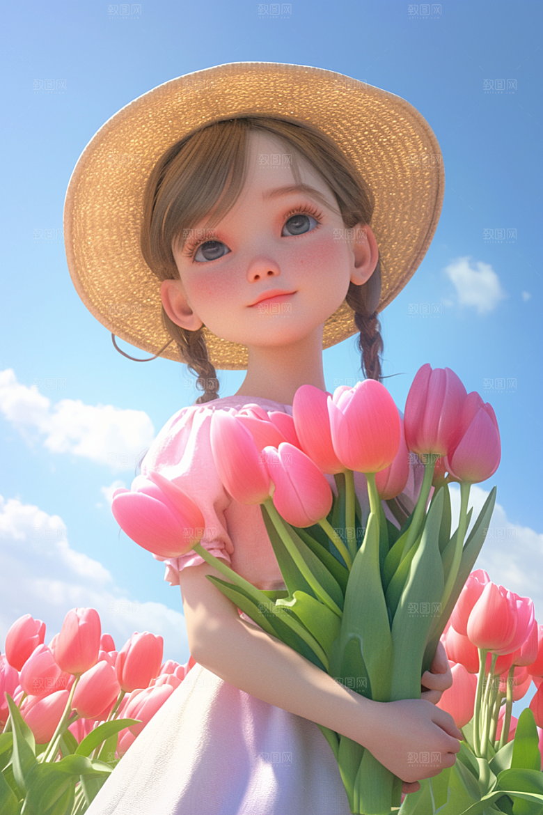 手捧鲜花的少女立体春天素材