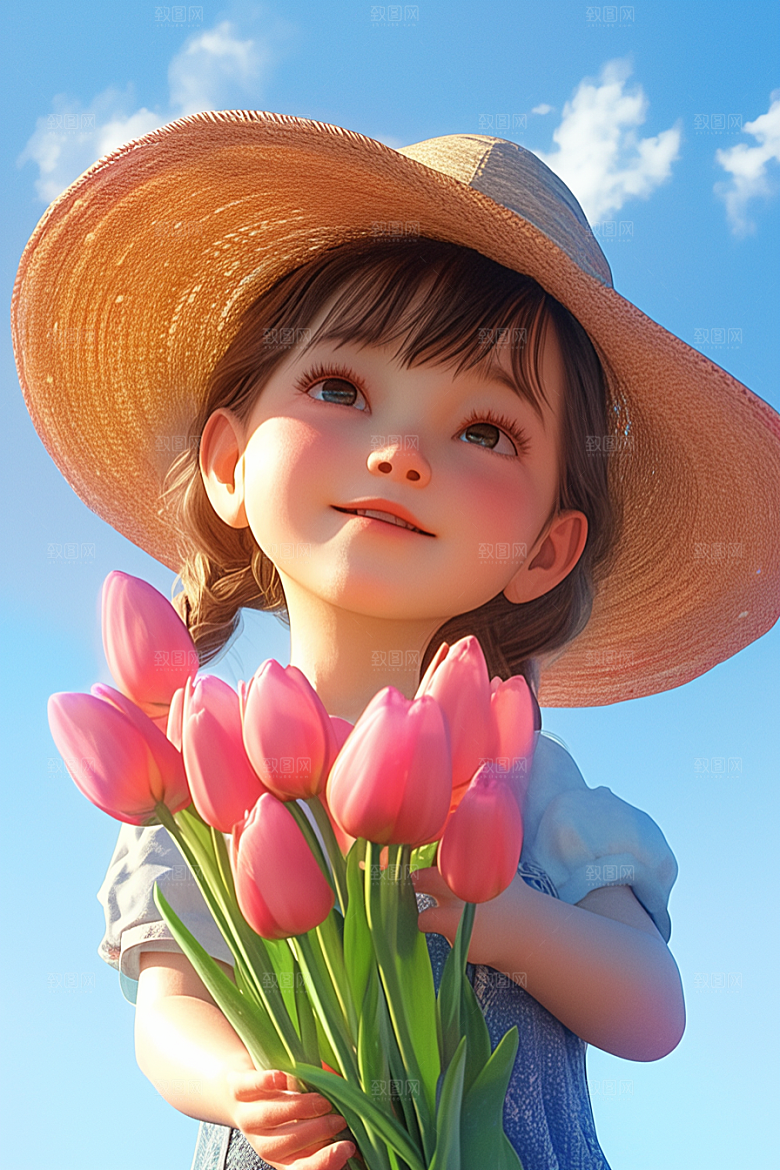 手捧鲜花的少女青春3D素材