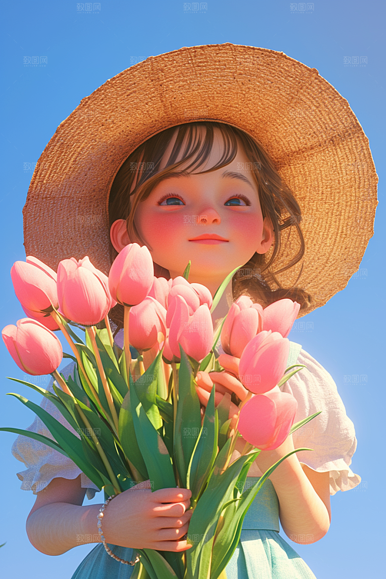 手捧鲜花的少女3D烂漫素材