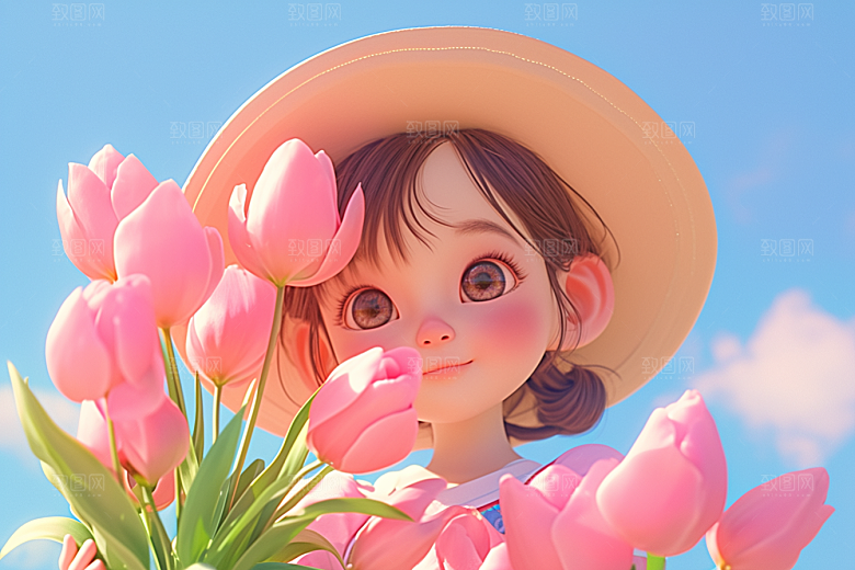 手捧鲜花的少女飞舞的裙摆清新素材