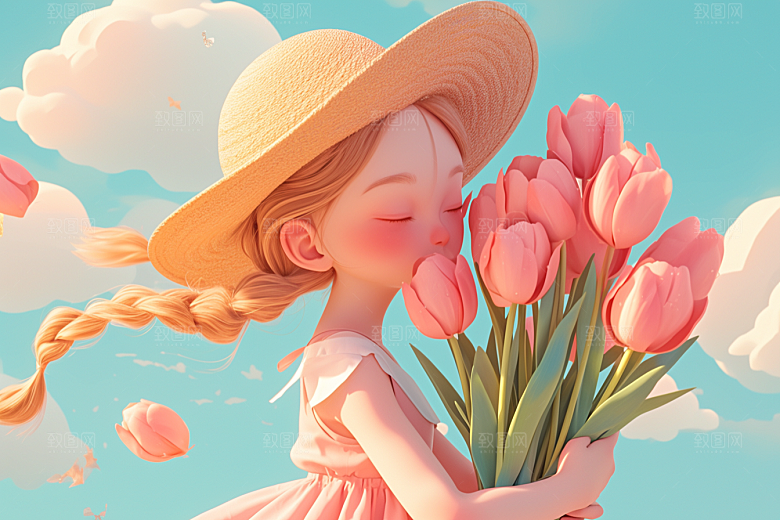 手捧鲜花的少女3D模型素材