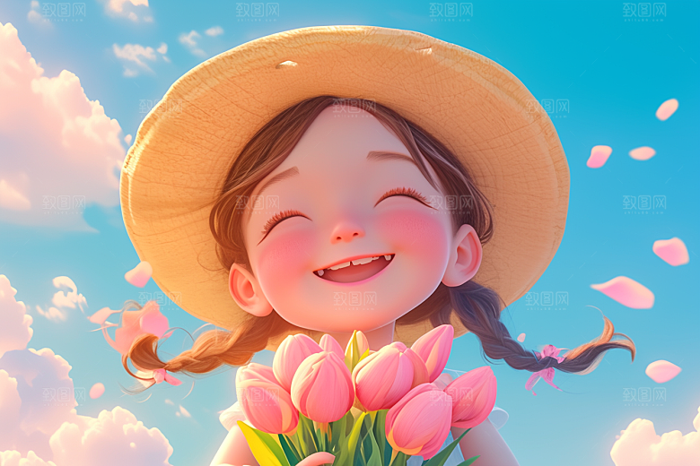 手捧鲜花的少女肖像自然素材