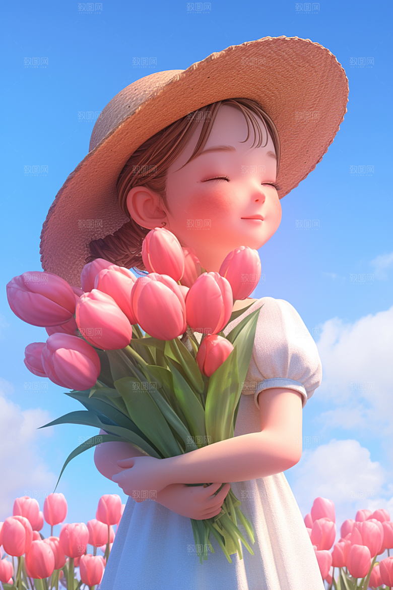 手捧鲜花的少女模型立体素材