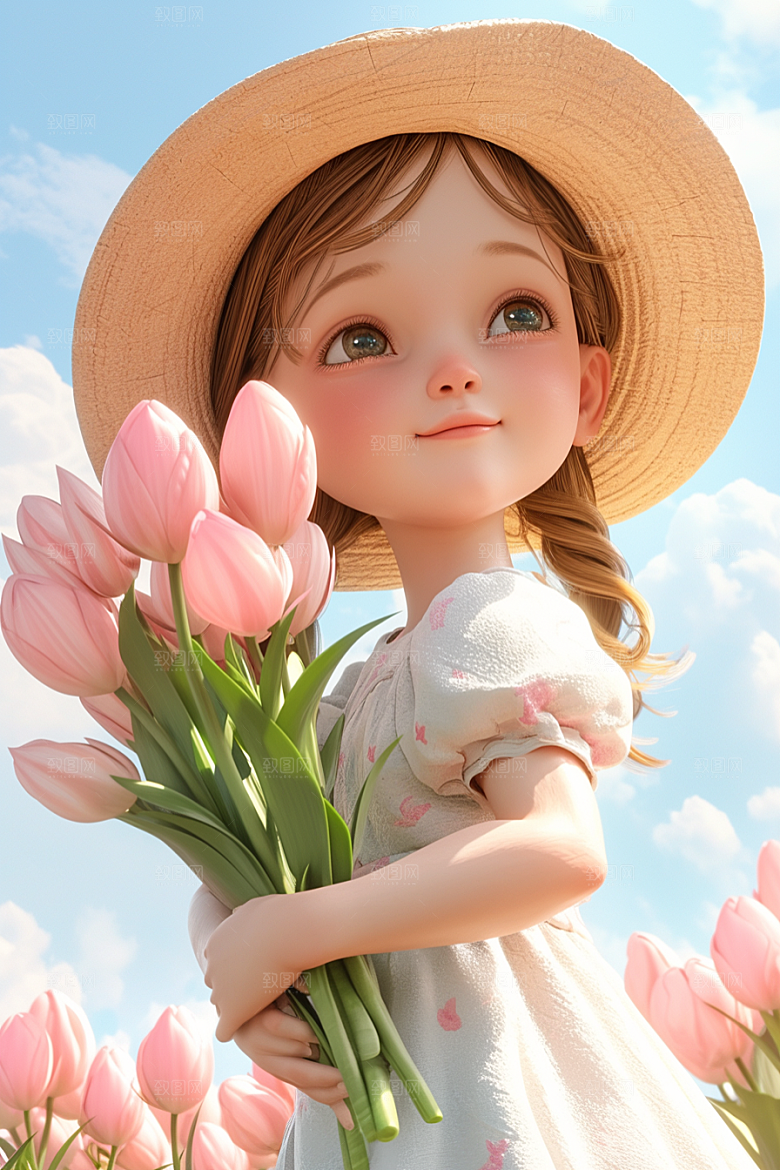 手捧鲜花的少女青春唯美素材