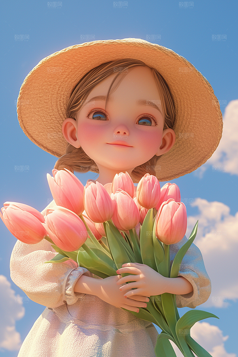 手捧鲜花的少女清新3D素材