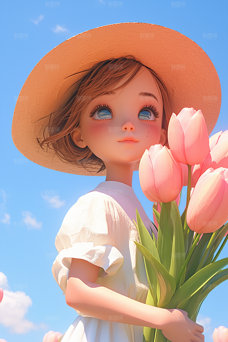手捧鲜花的少女人物3D素材