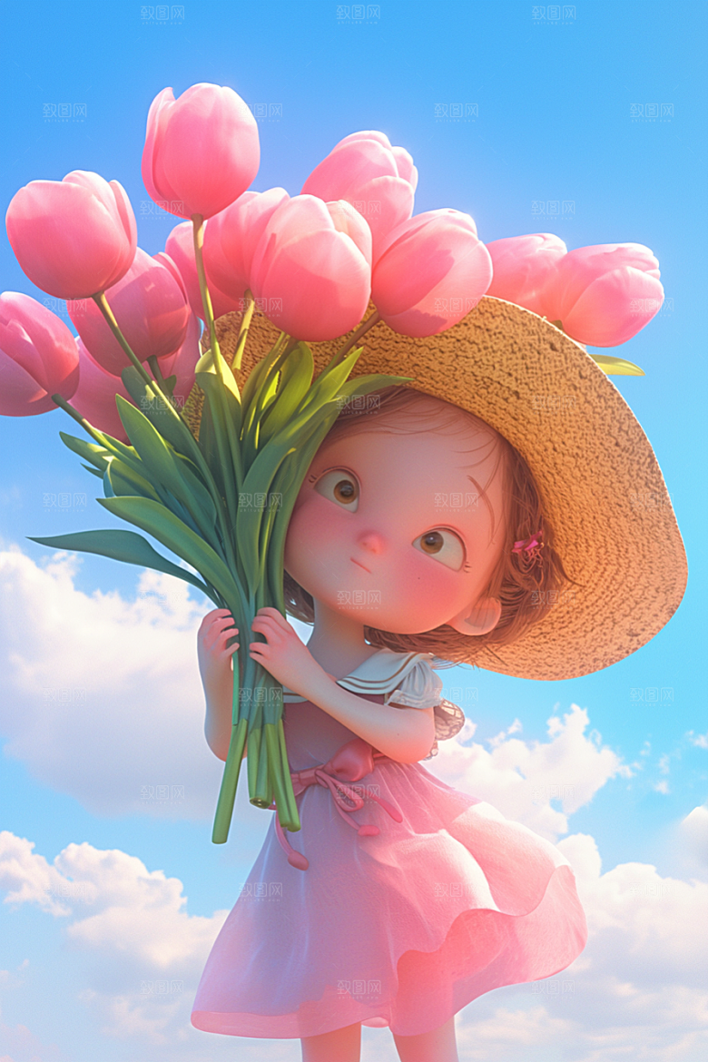 手捧鲜花的少女立体青春素材