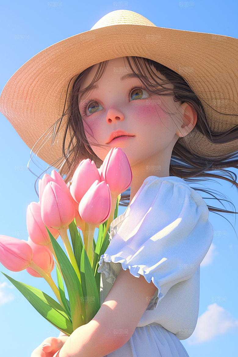手捧鲜花的少女烂漫青春素材