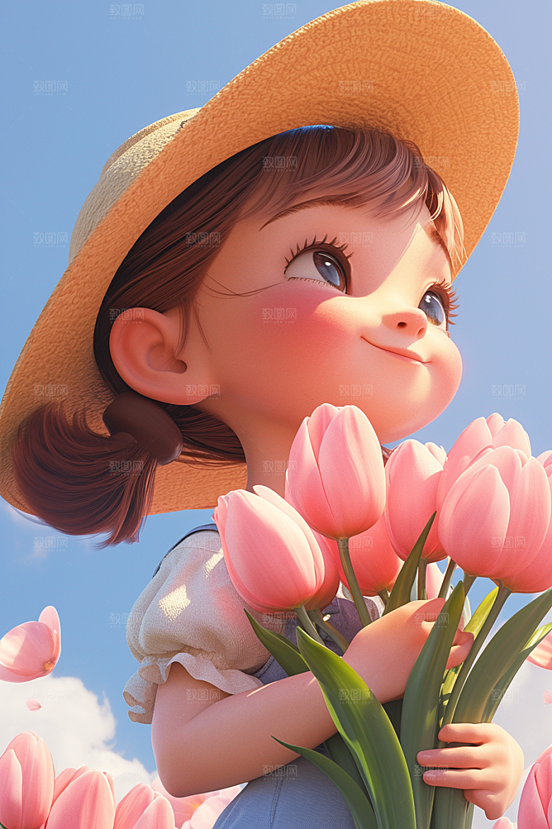 手捧鲜花的少女自然唯美素材