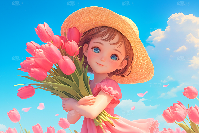 手捧鲜花的少女梦幻清新素材