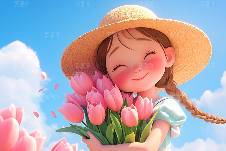手捧鲜花的少女烂漫花朵素材