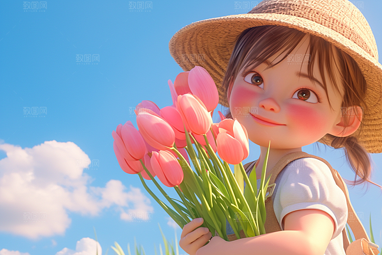 手捧鲜花的少女模型肖像素材