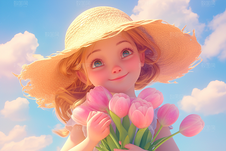 手捧鲜花的少女青春自然素材