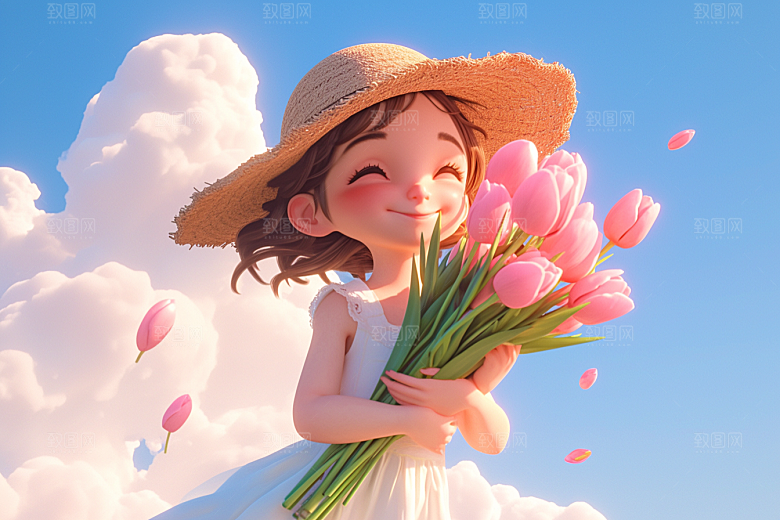 手捧鲜花的少女清新梦幻素材